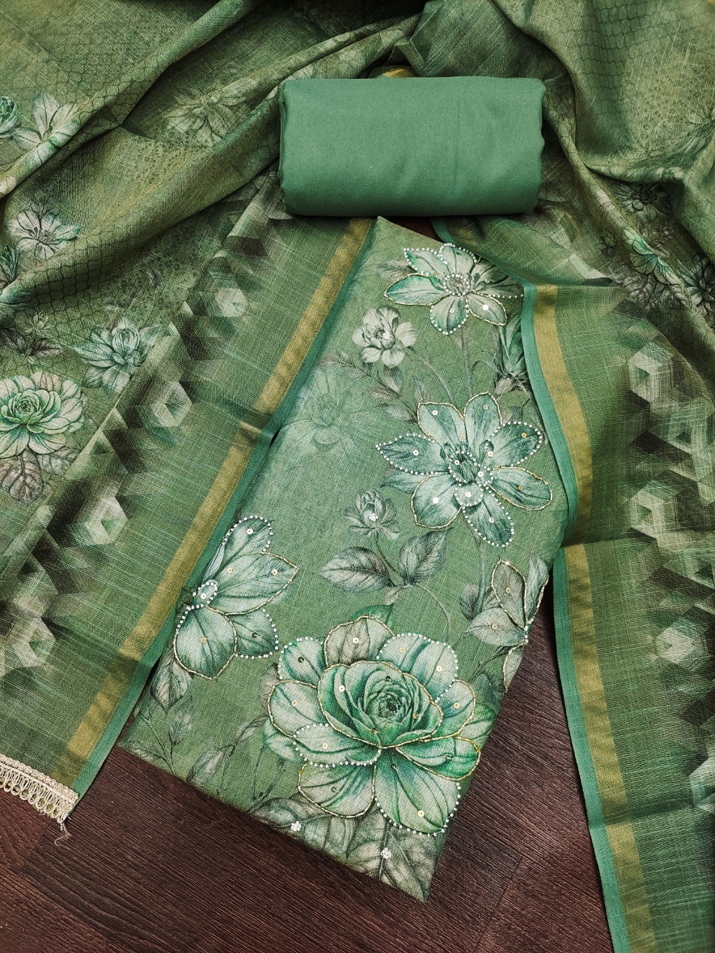 Green Floral Printed Simmer Linen Cotton Straight Suit
