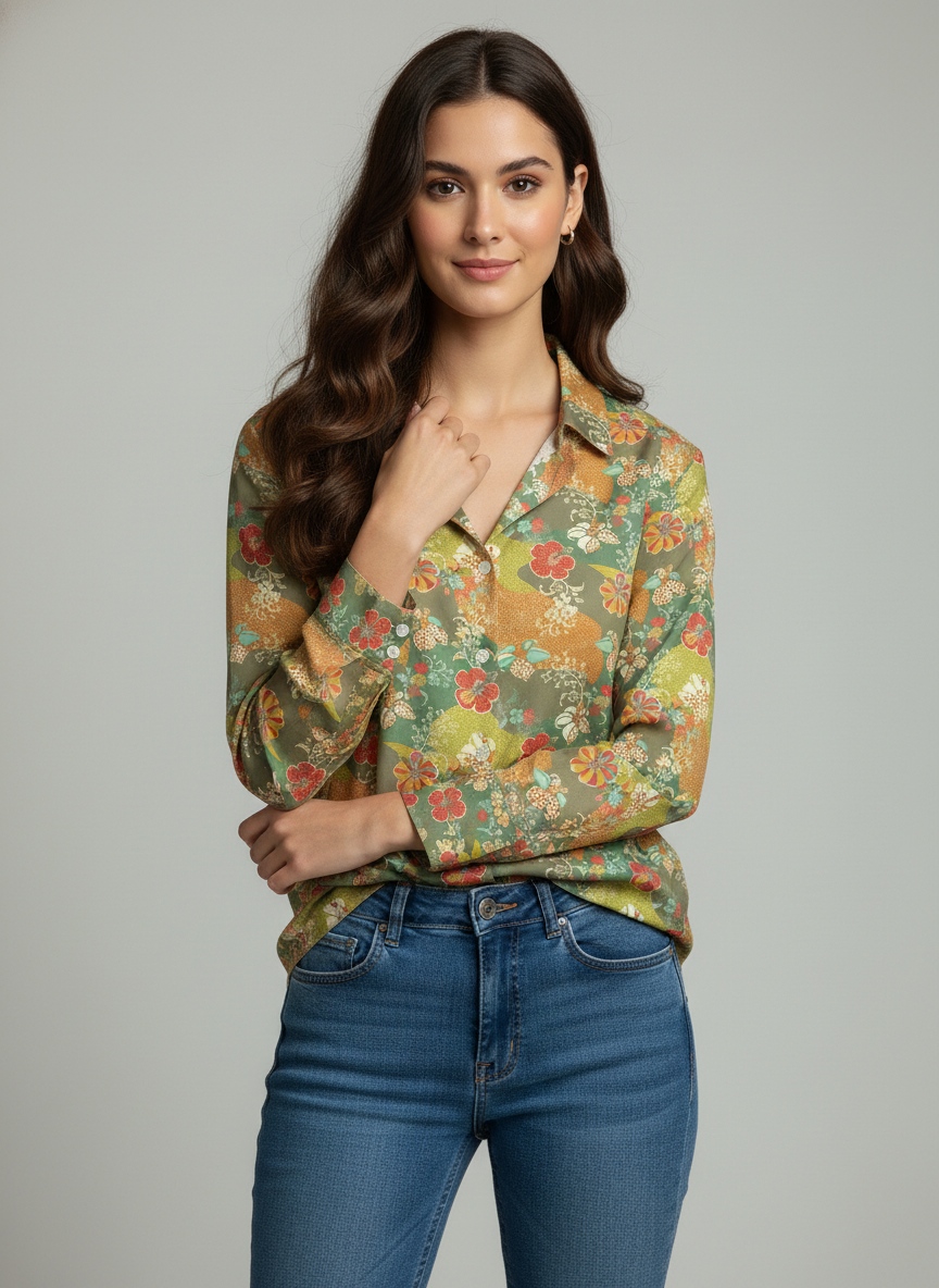 Green Floral Printed Super Satin Shirt