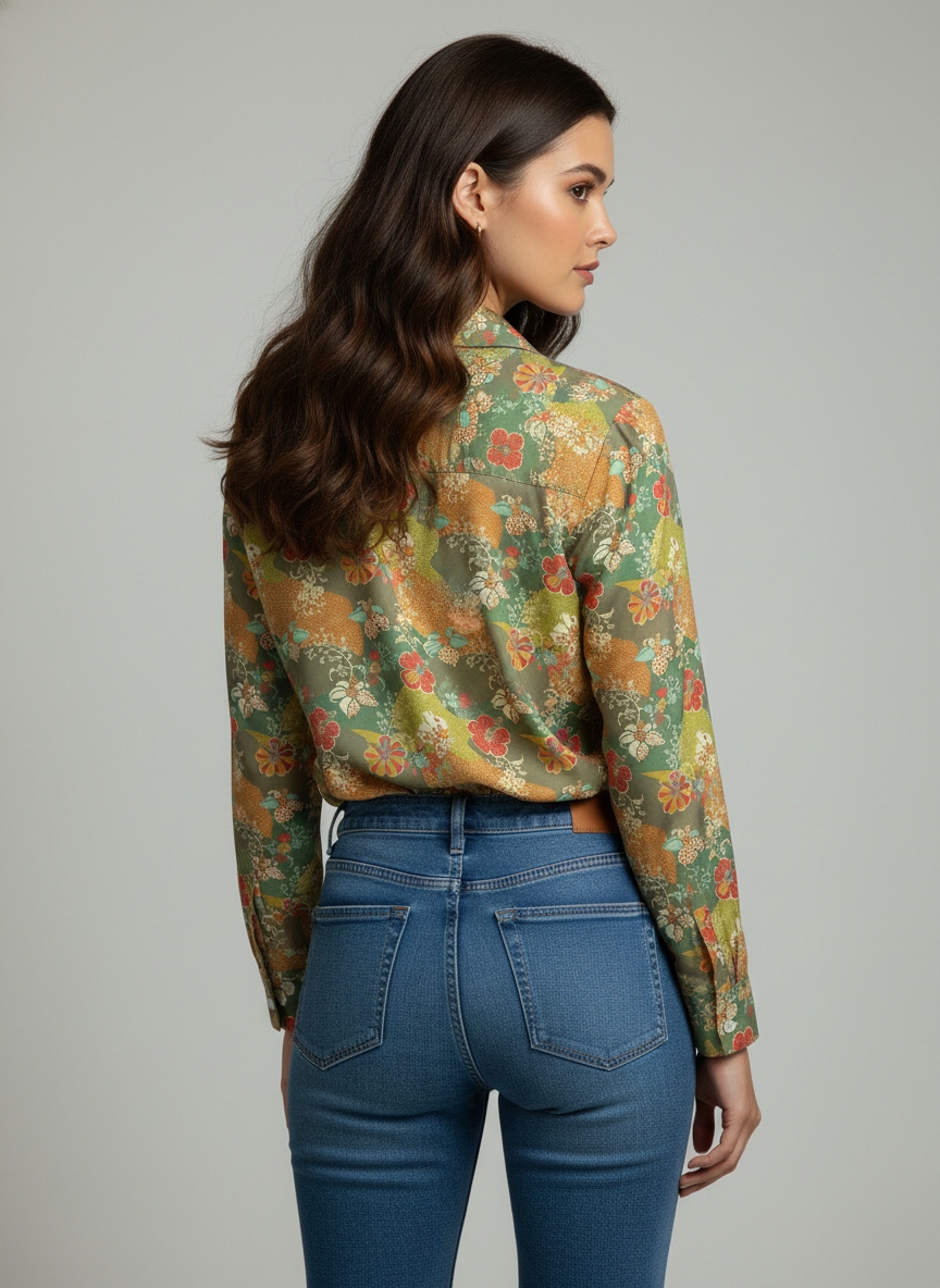Green Floral Printed Super Satin Shirt — alternate view