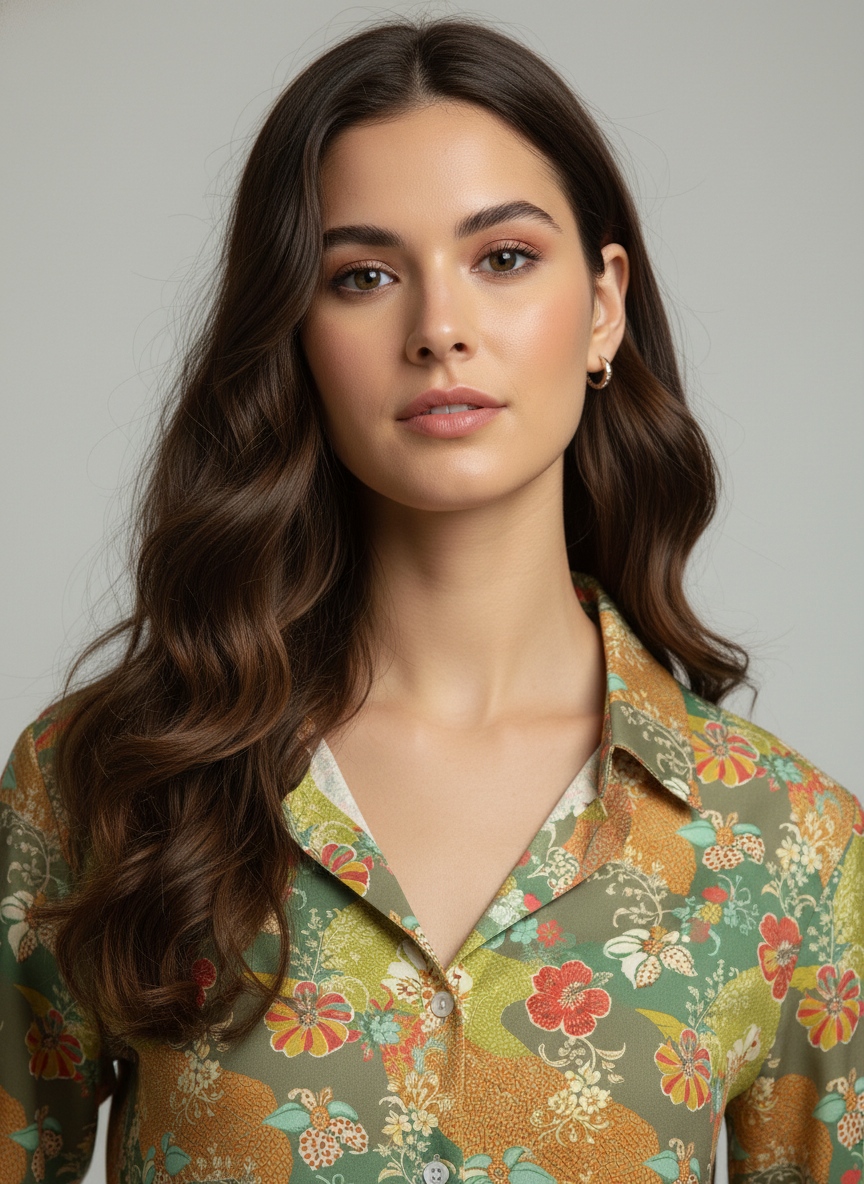 Green Floral Printed Super Satin Shirt