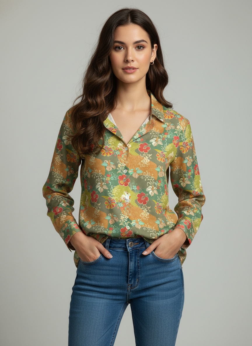 Green Floral Printed Super Satin Shirt