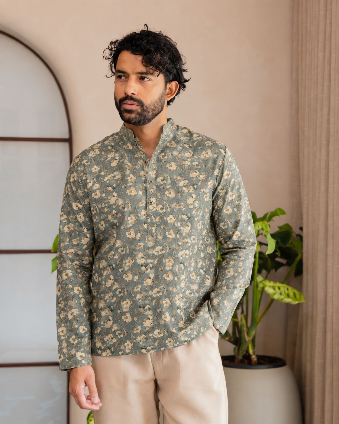 Green Floral Printed Swiss Linen Short Kurta