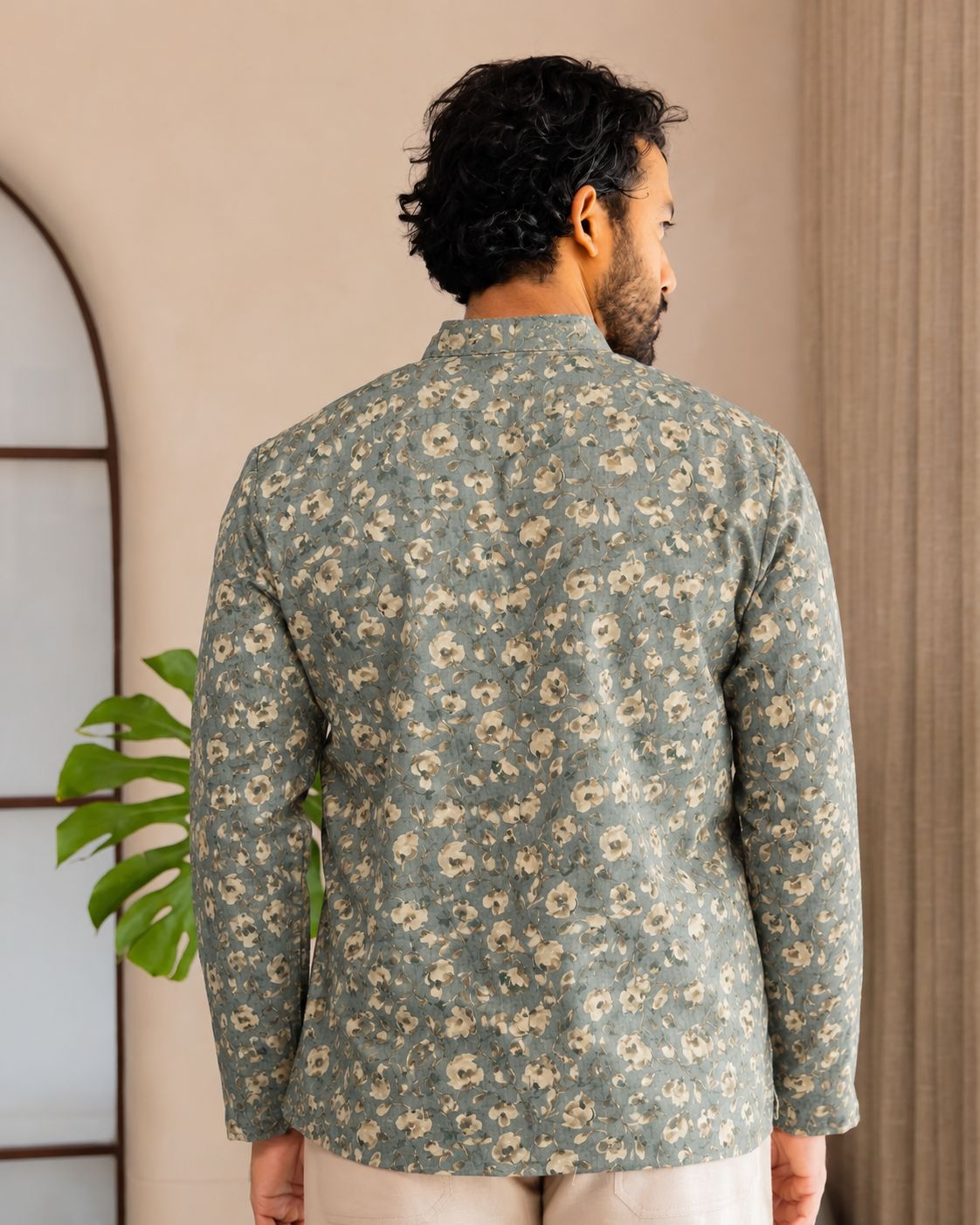Green Floral Printed Swiss Linen Short Kurta — alternate view