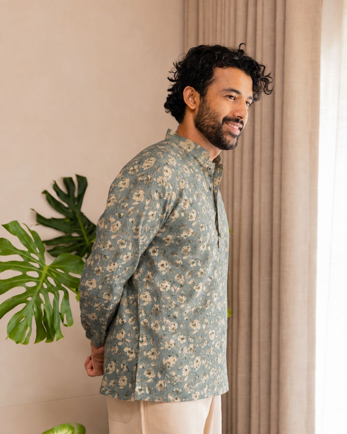 Green Floral Printed Swiss Linen Short Kurta
