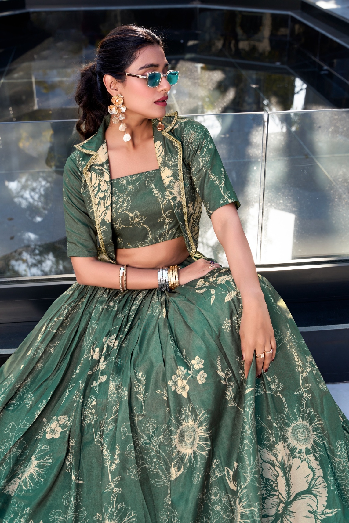 Green Floral Printed Tussar Silk Jacket Lehenga Choli — alternate view