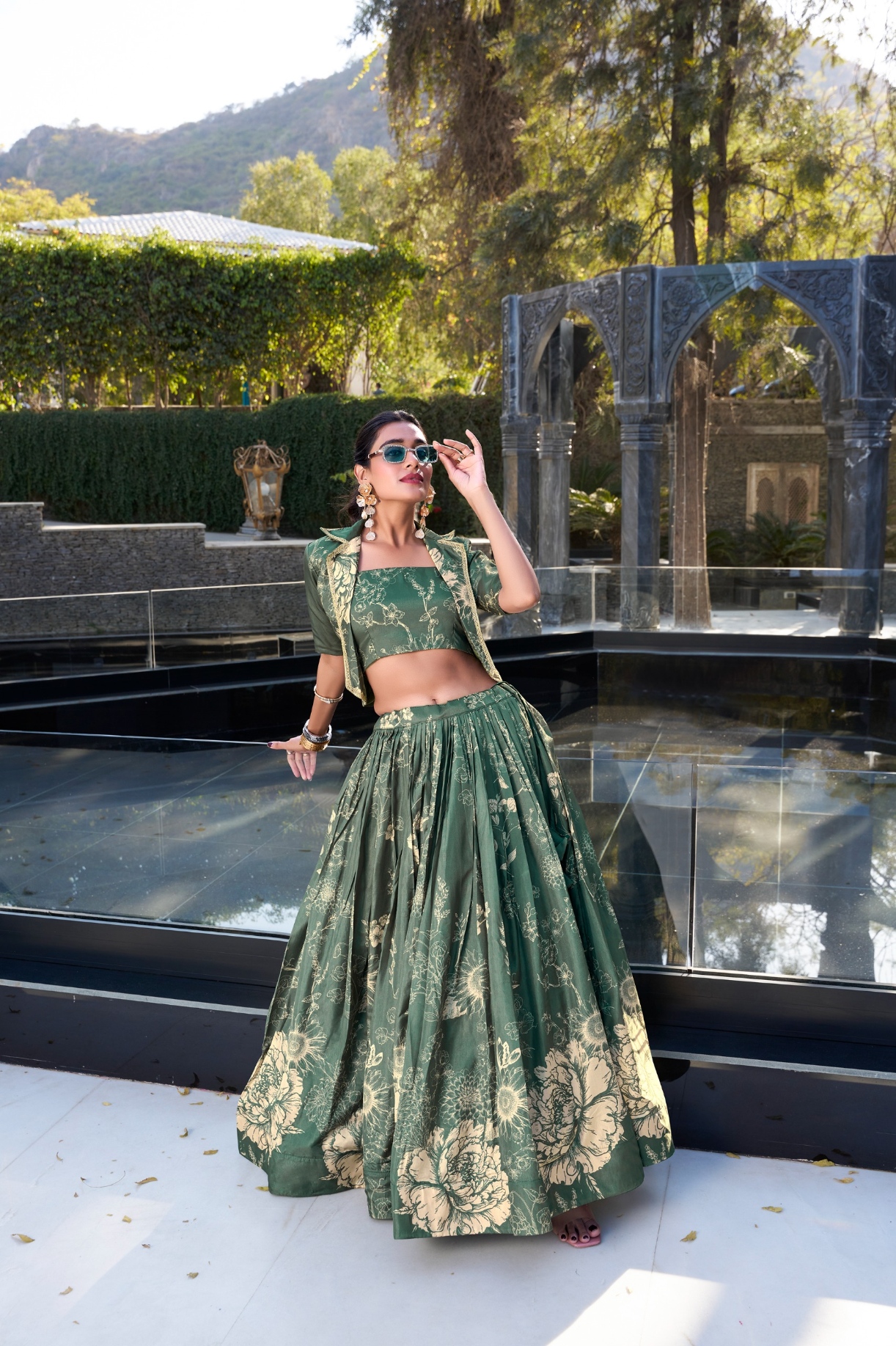 Green Floral Printed Tussar Silk Jacket Lehenga Choli