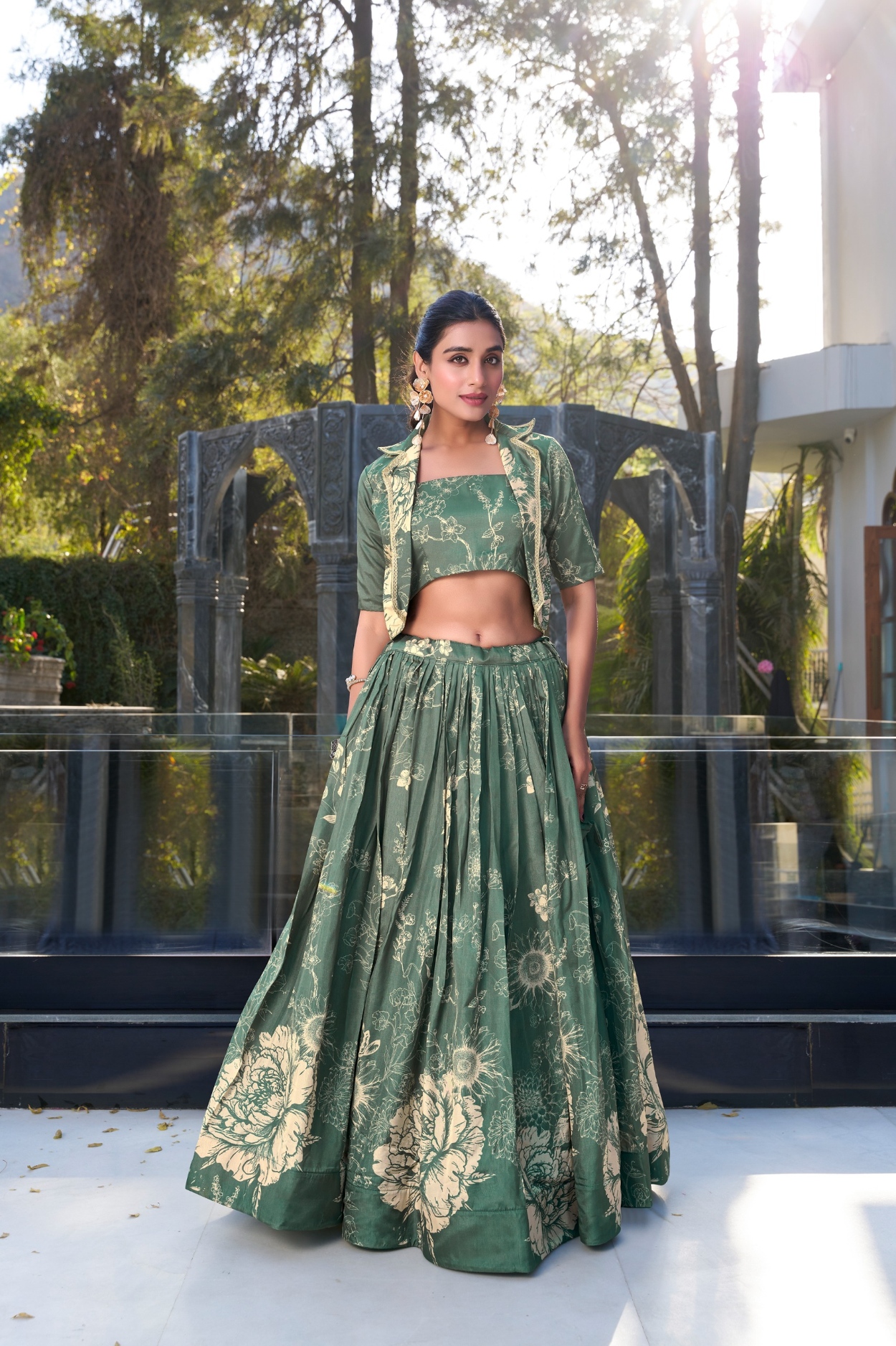 Green Floral Printed Tussar Silk Jacket Lehenga Choli