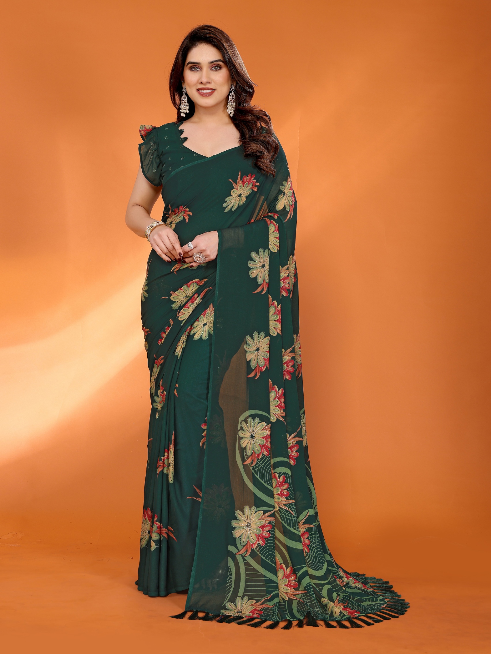 Green Floral Printed Work Bright Moss Satin Saree