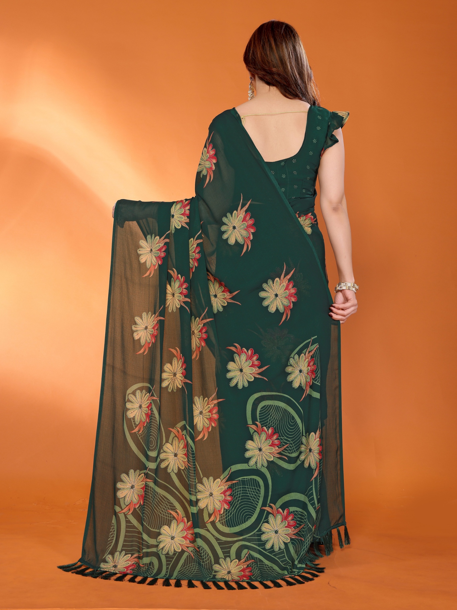 Green Floral Printed Work Bright Moss Satin Saree — alternate view