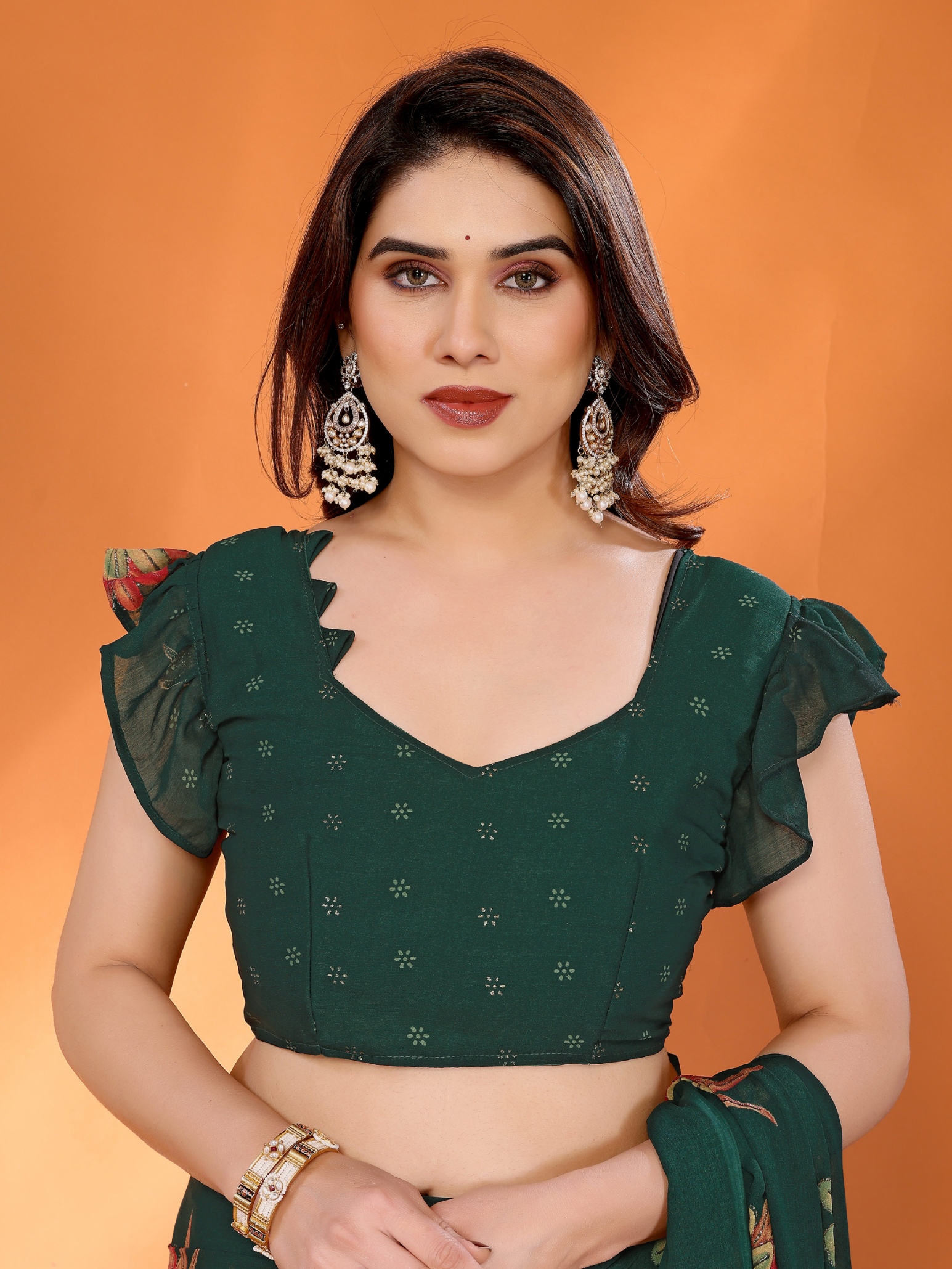 Green Floral Printed Work Bright Moss Satin Saree