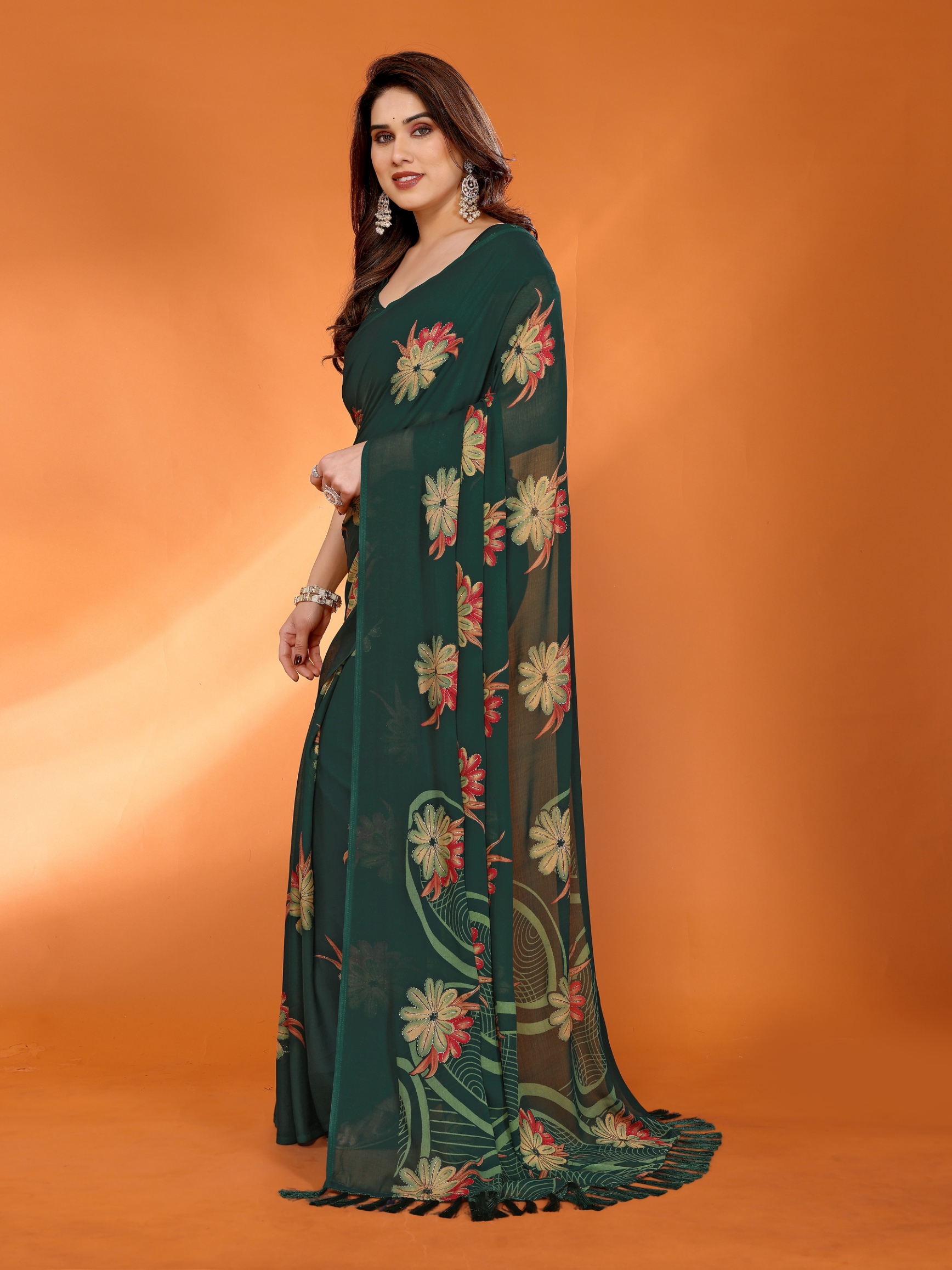 Green Floral Printed Work Bright Moss Satin Saree