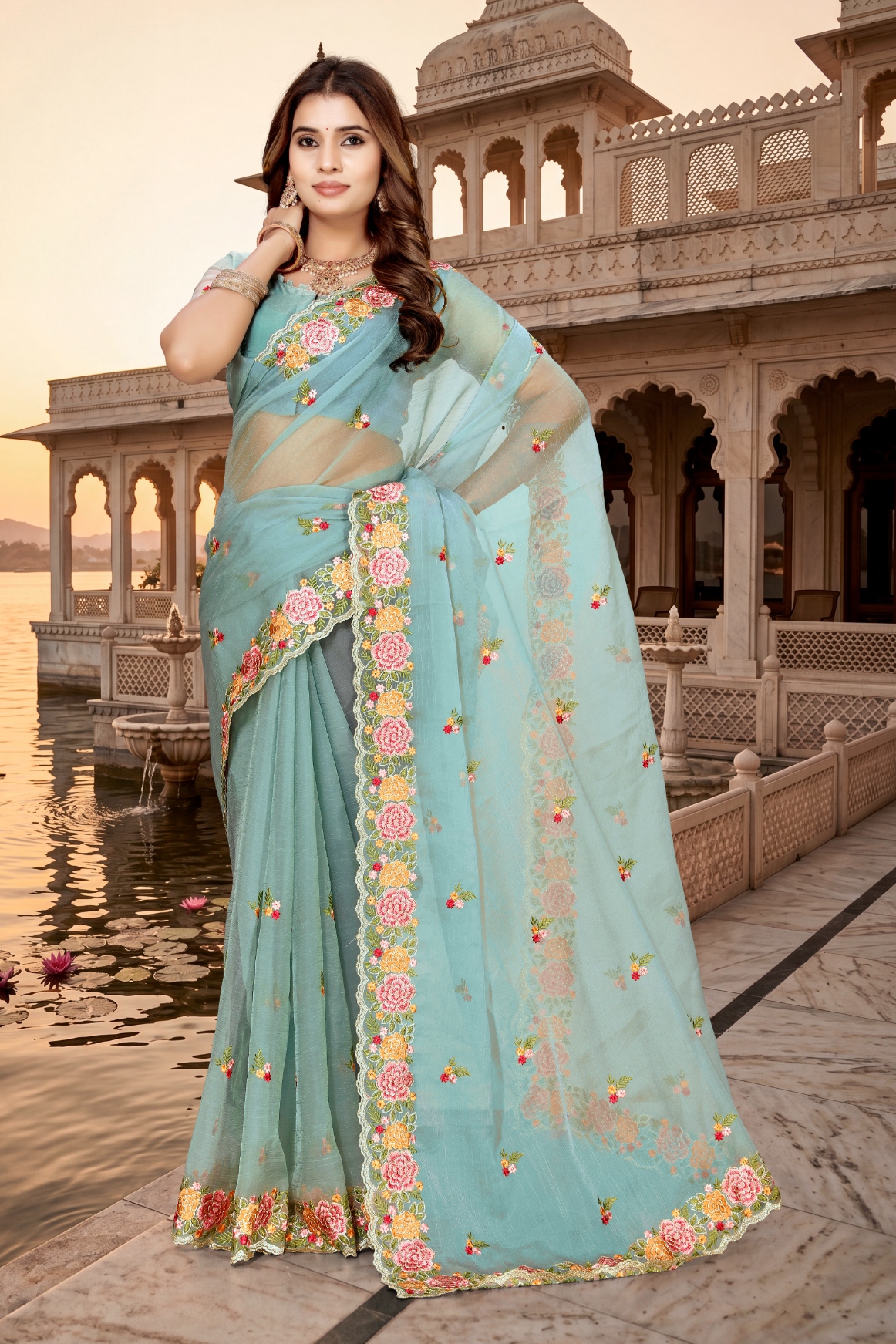 Green Floral Resham Embroidery Vari Silk Saree