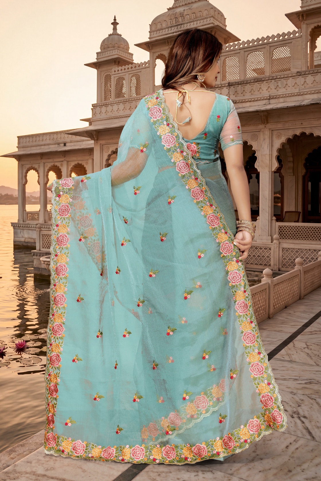 Green Floral Resham Embroidery Vari Silk Saree — alternate view