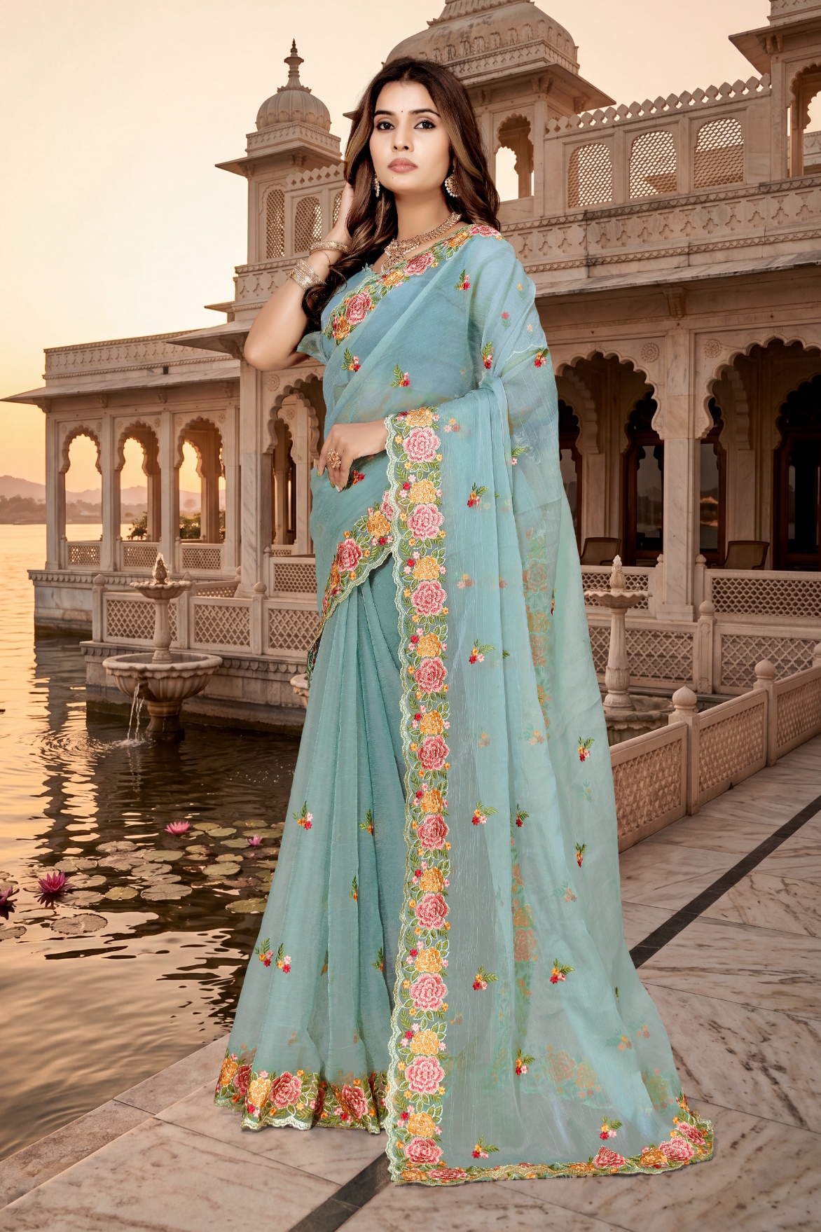 Green Floral Resham Embroidery Vari Silk Saree