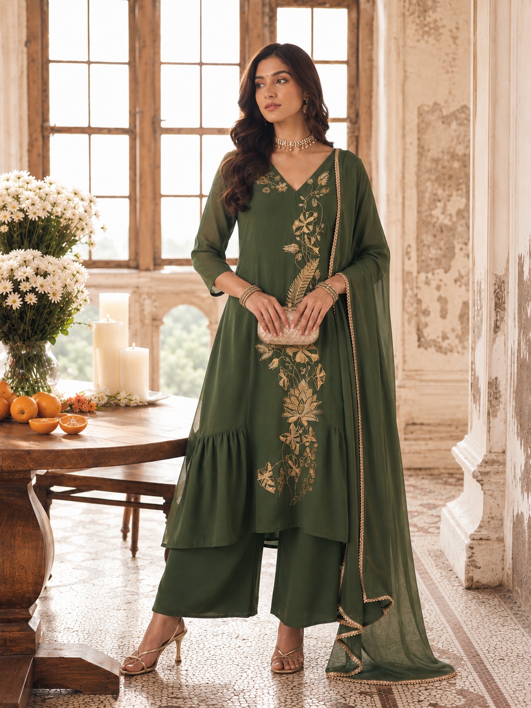 Green Floral Sequins Mal Chanderi Salwar Suit
