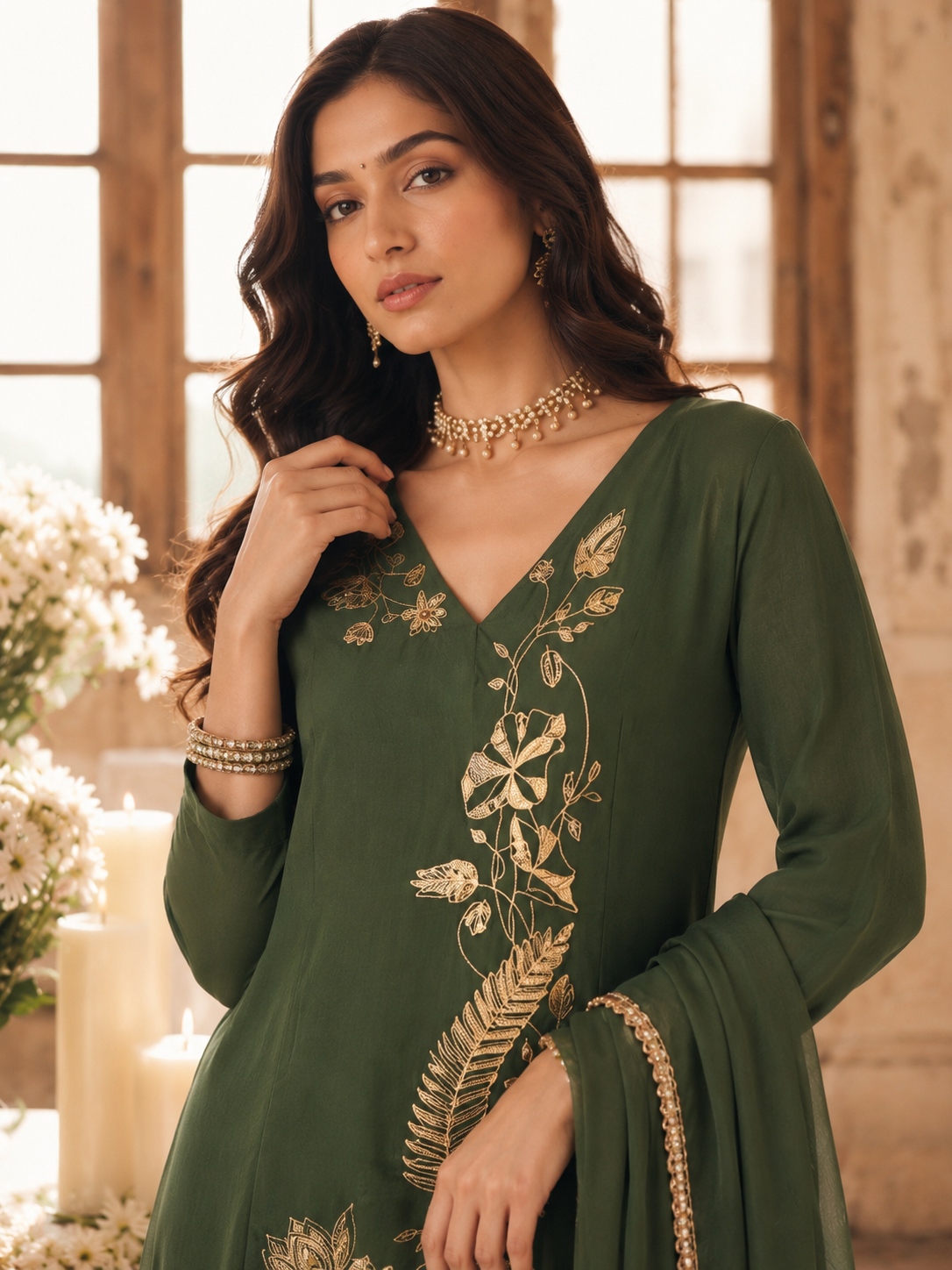 Green Floral Sequins Mal Chanderi Salwar Suit — alternate view
