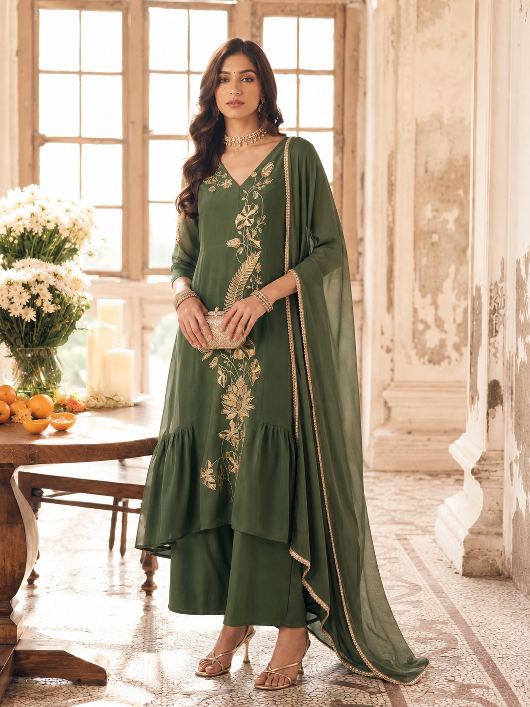 Green Floral Sequins Mal Chanderi Salwar Suit