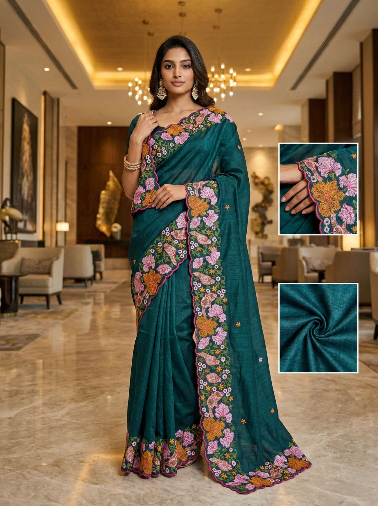 Green Floral Thread Embroidery Manipuri Silk Saree