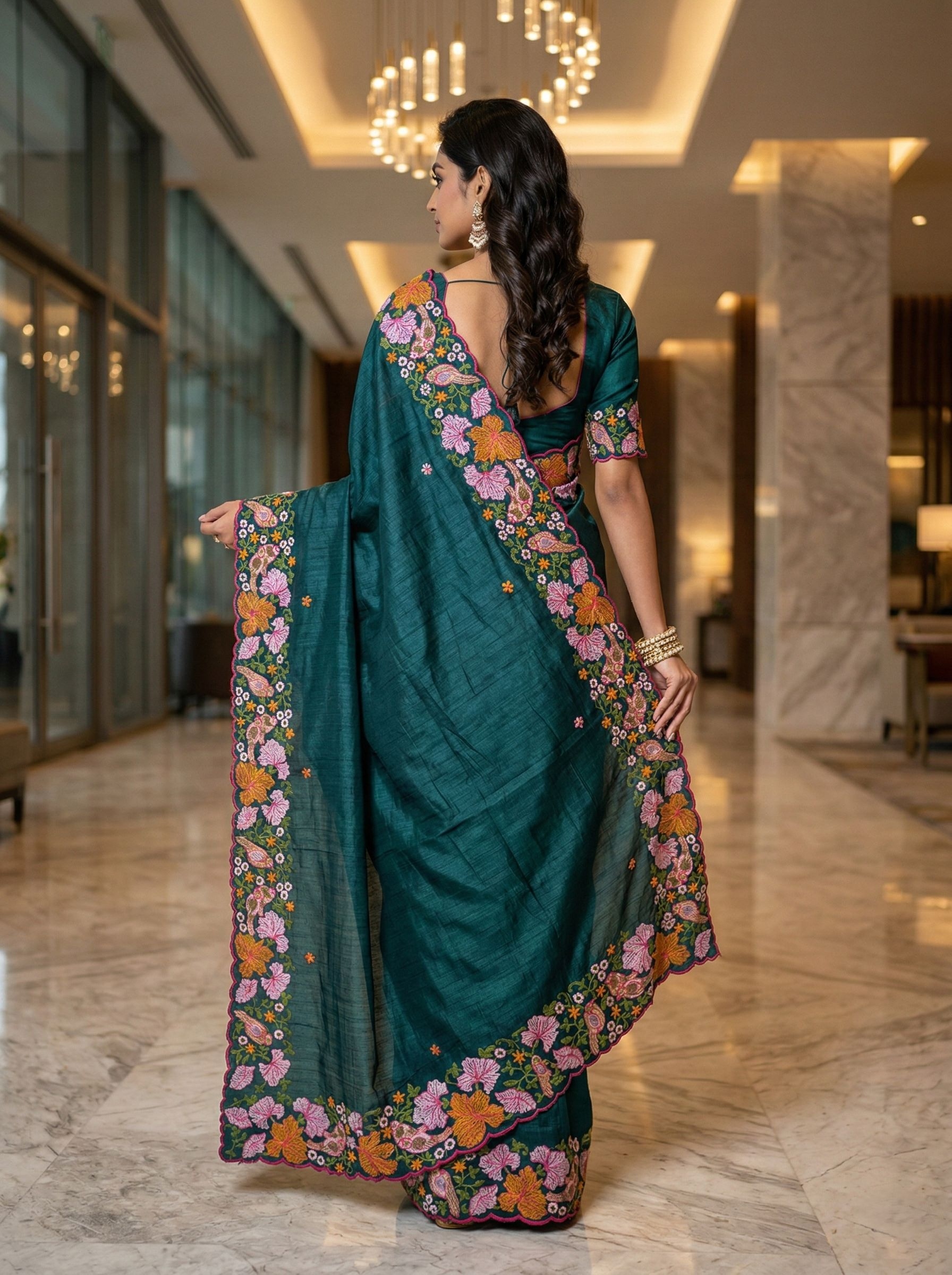 Green Floral Thread Embroidery Manipuri Silk Saree — alternate view