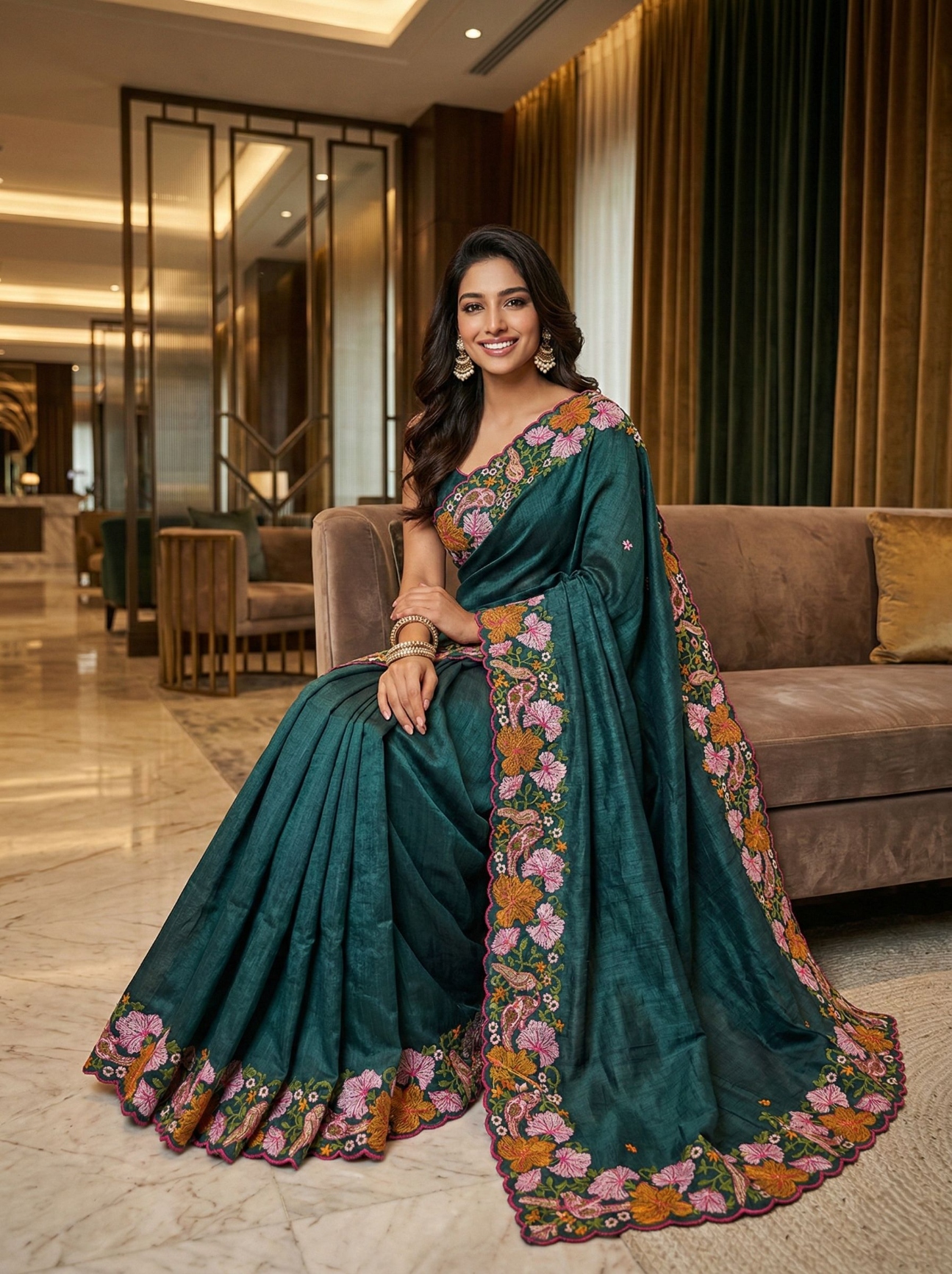 Green Floral Thread Embroidery Manipuri Silk Saree