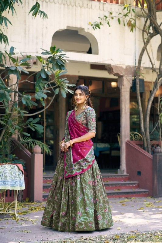Green Floral Vine Foil Tussar Silk Lehenga Choli