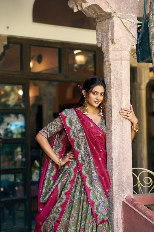 Green Floral Vine Foil Tussar Silk Lehenga Choli
