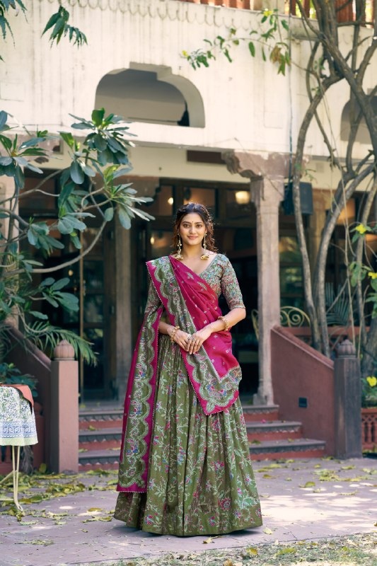 Green Floral Vine Foil Tussar Silk Lehenga Choli