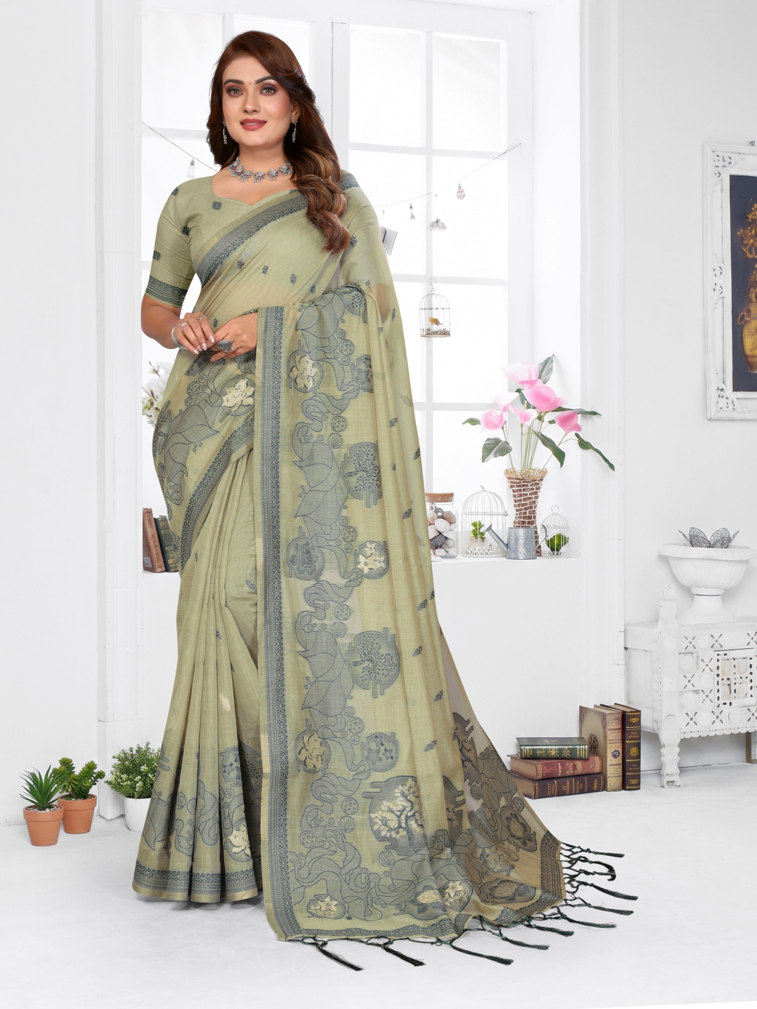 Green Floral Weaving Spun Cotton Saree