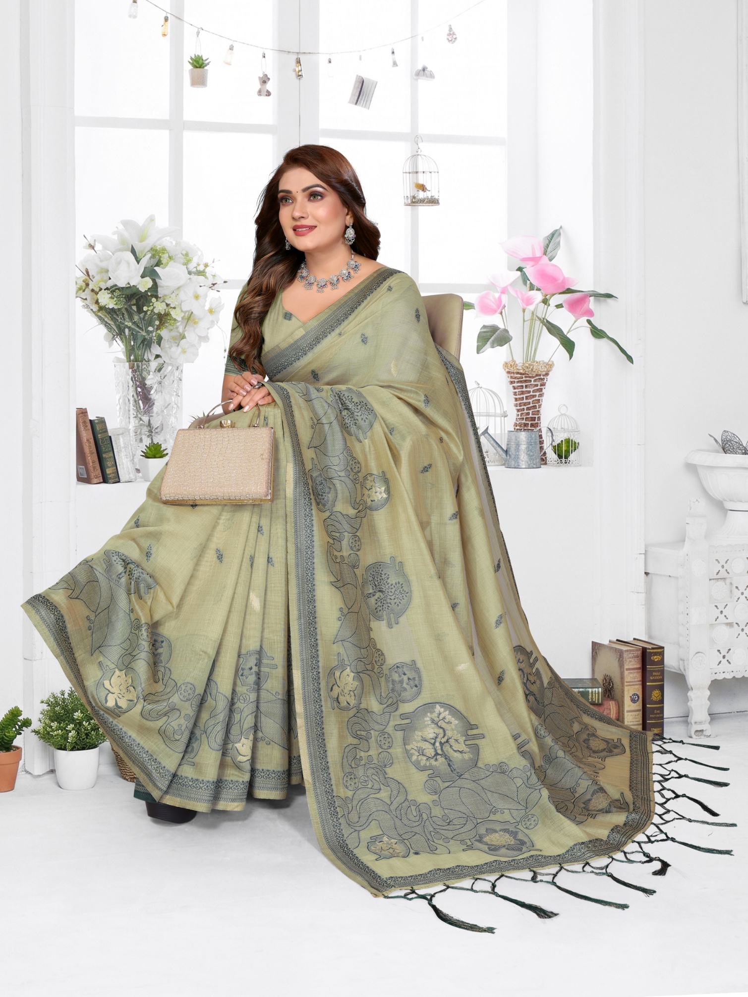 Green Floral Weaving Spun Cotton Saree