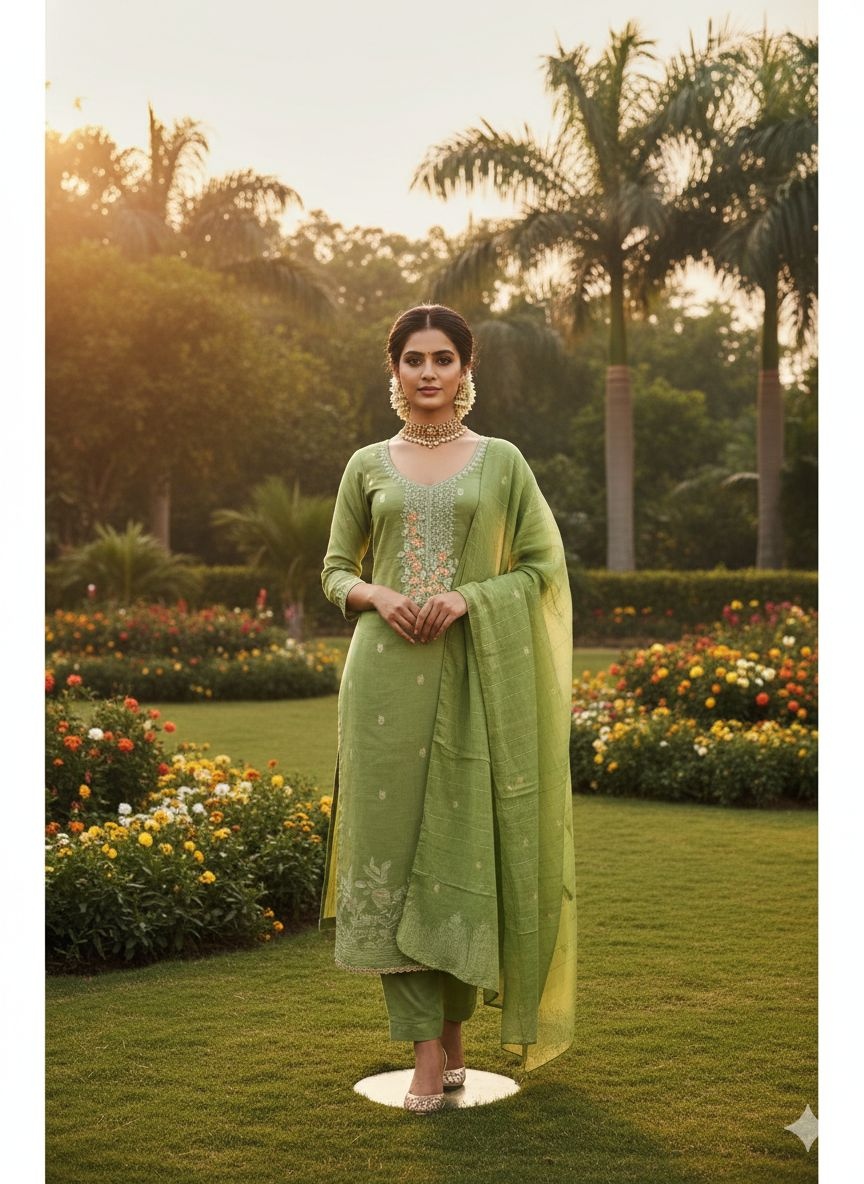 Green Floral Woven Dani Cotton Salwar Suit