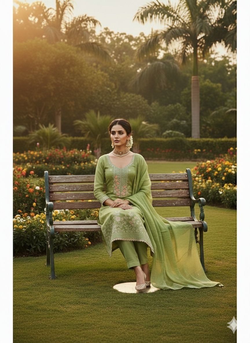 Green Floral Woven Dani Cotton Salwar Suit — alternate view