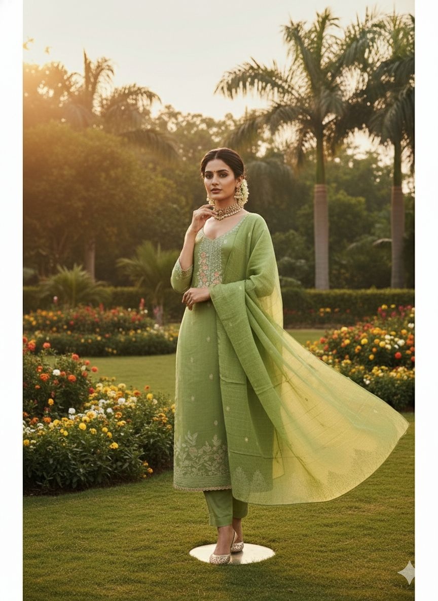 Green Floral Woven Dani Cotton Salwar Suit