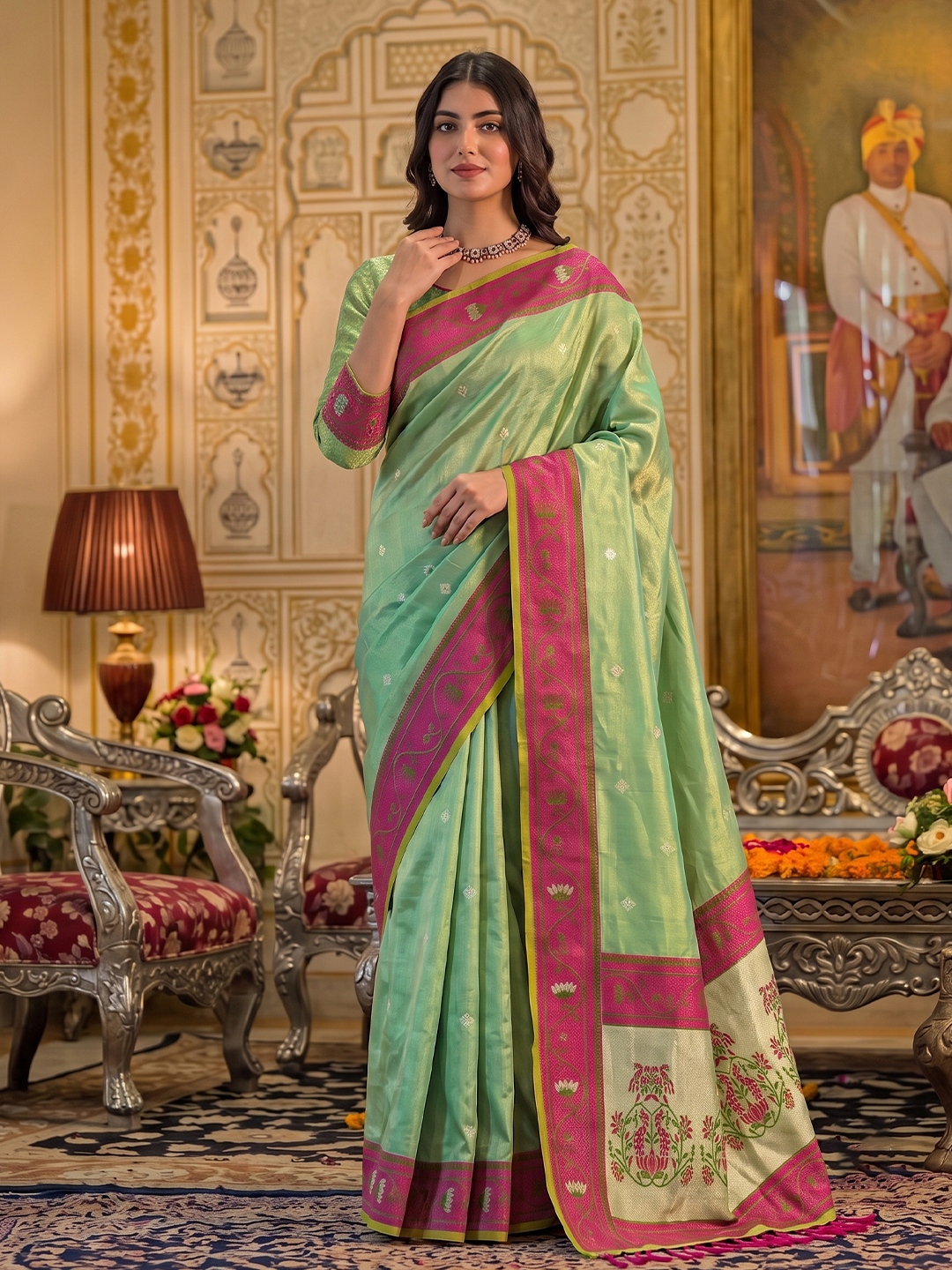 Green Floral Woven Tissue Silk Saree