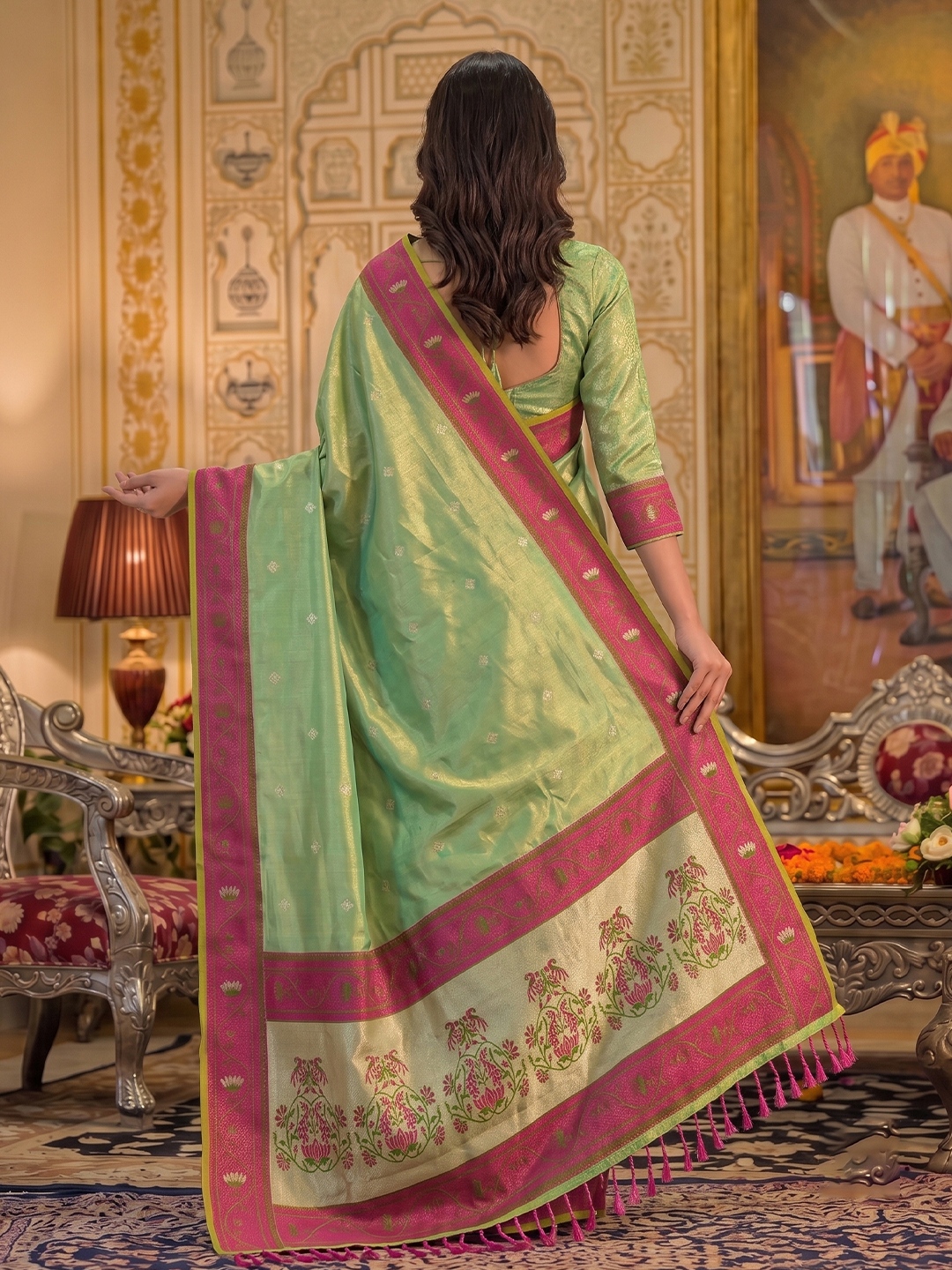Green Floral Woven Tissue Silk Saree — alternate view