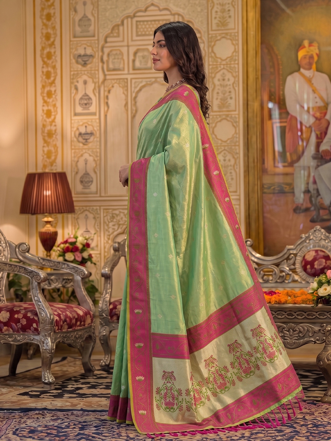 Green Floral Woven Tissue Silk Saree