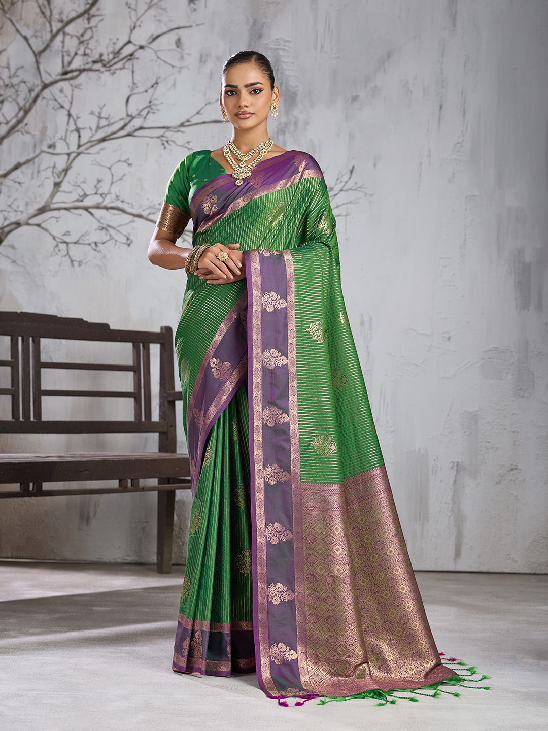 Green Floral Woven Work Silk Saree