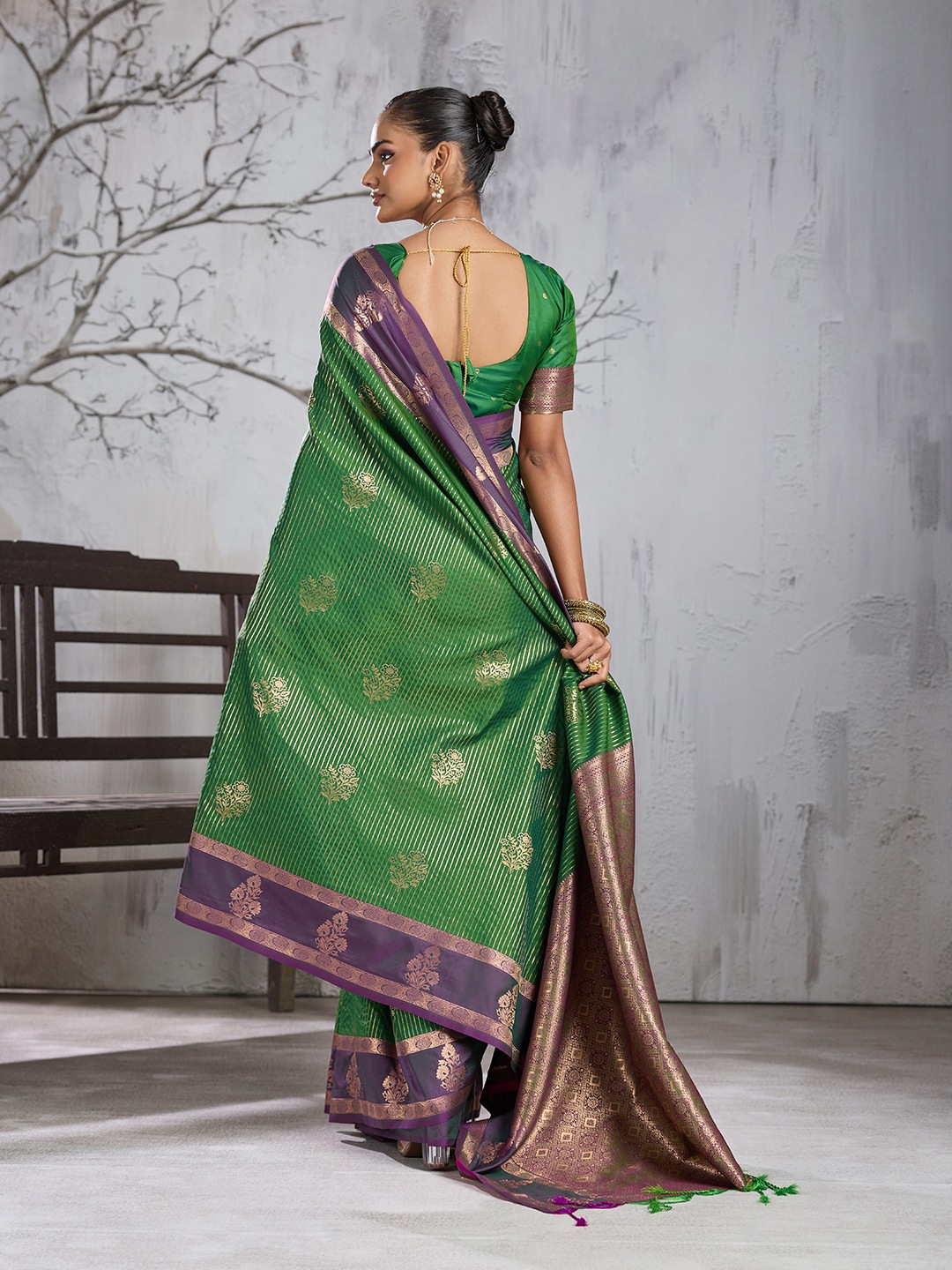 Green Floral Woven Work Silk Saree — alternate view
