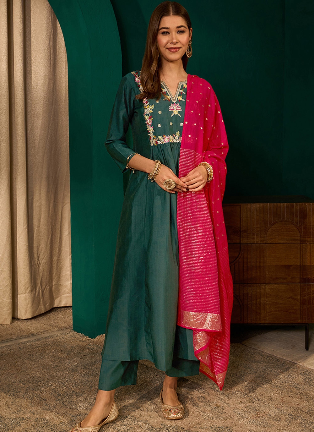 Green Floral Yoke Embroidery Silk Slub Salwar Suit