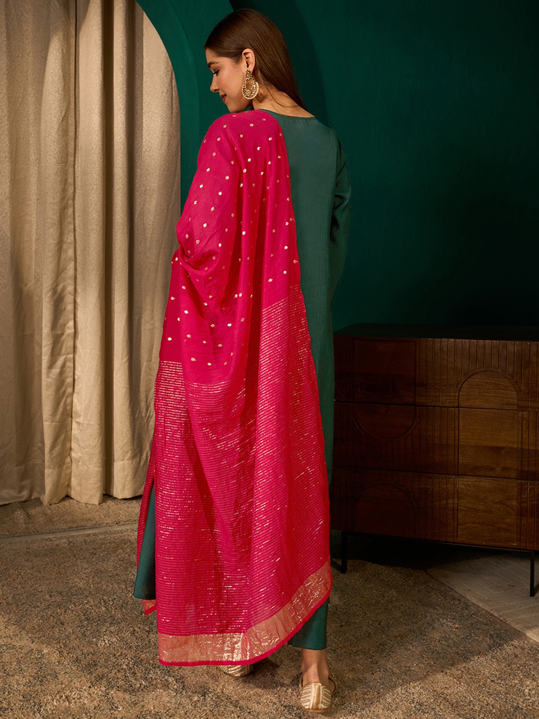 Green Floral Yoke Embroidery Silk Slub Salwar Suit — alternate view