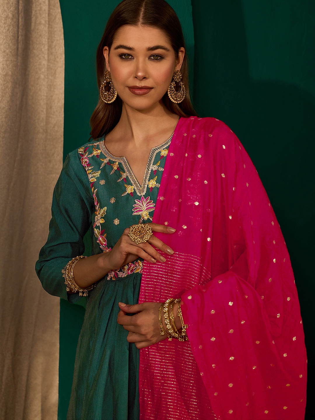 Green Floral Yoke Embroidery Silk Slub Salwar Suit