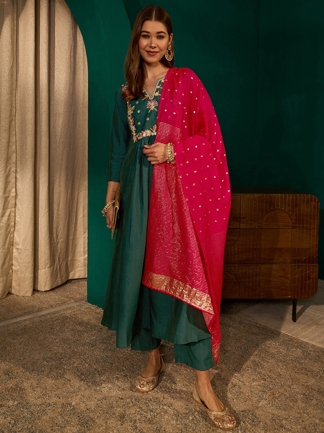 Green Floral Yoke Embroidery Silk Slub Salwar Suit