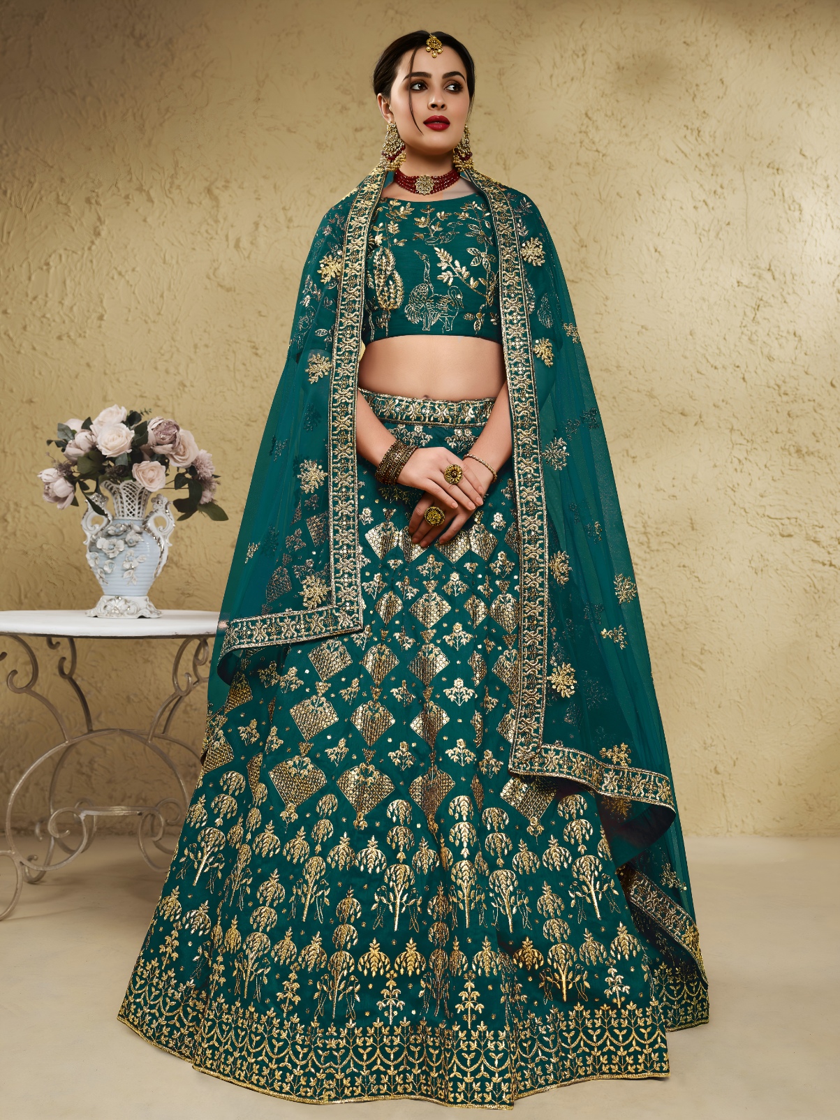 Green Floral Zari Art Silk Bridal Lehenga Choli