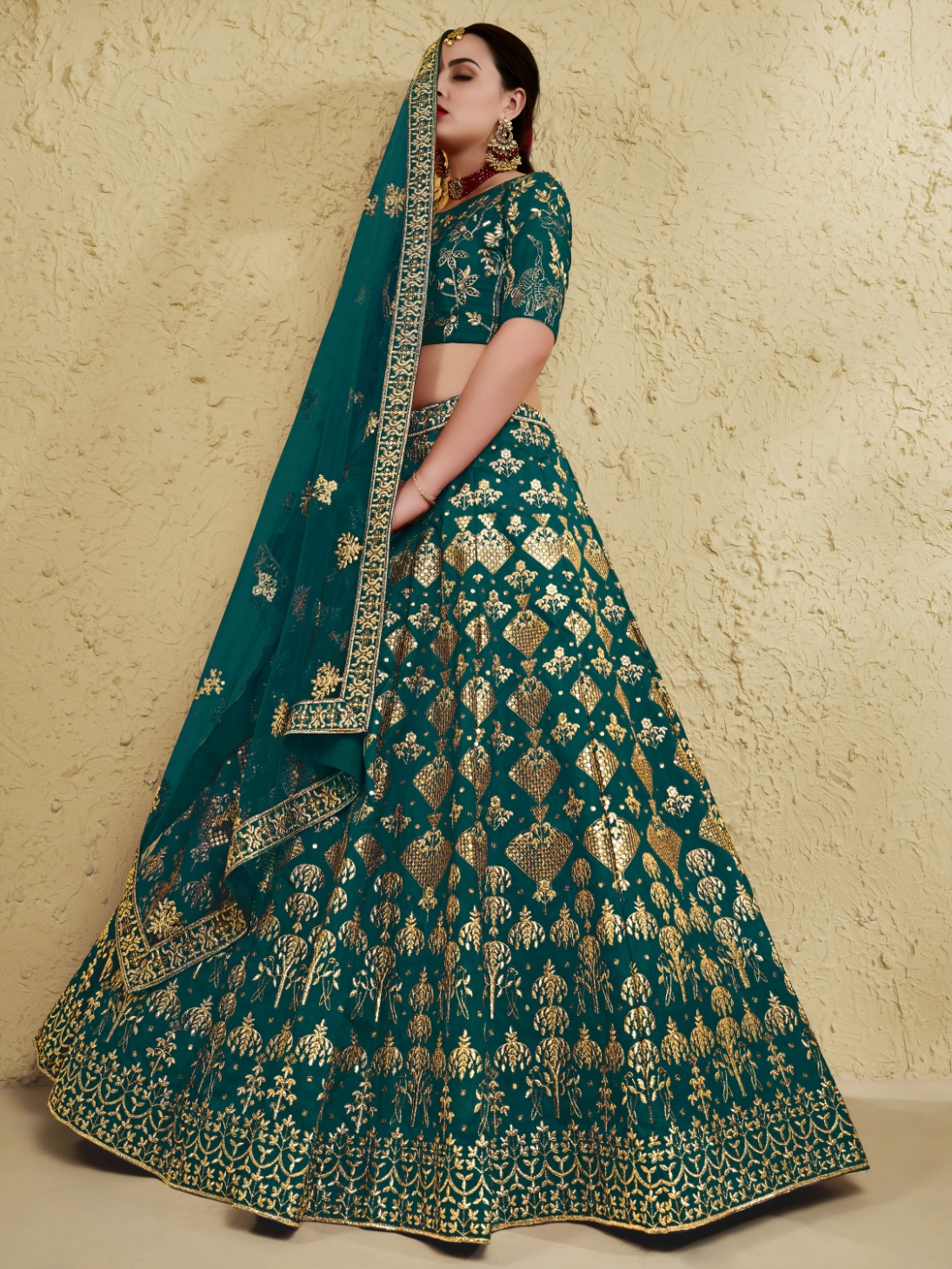 Green Floral Zari Art Silk Bridal Lehenga Choli — alternate view
