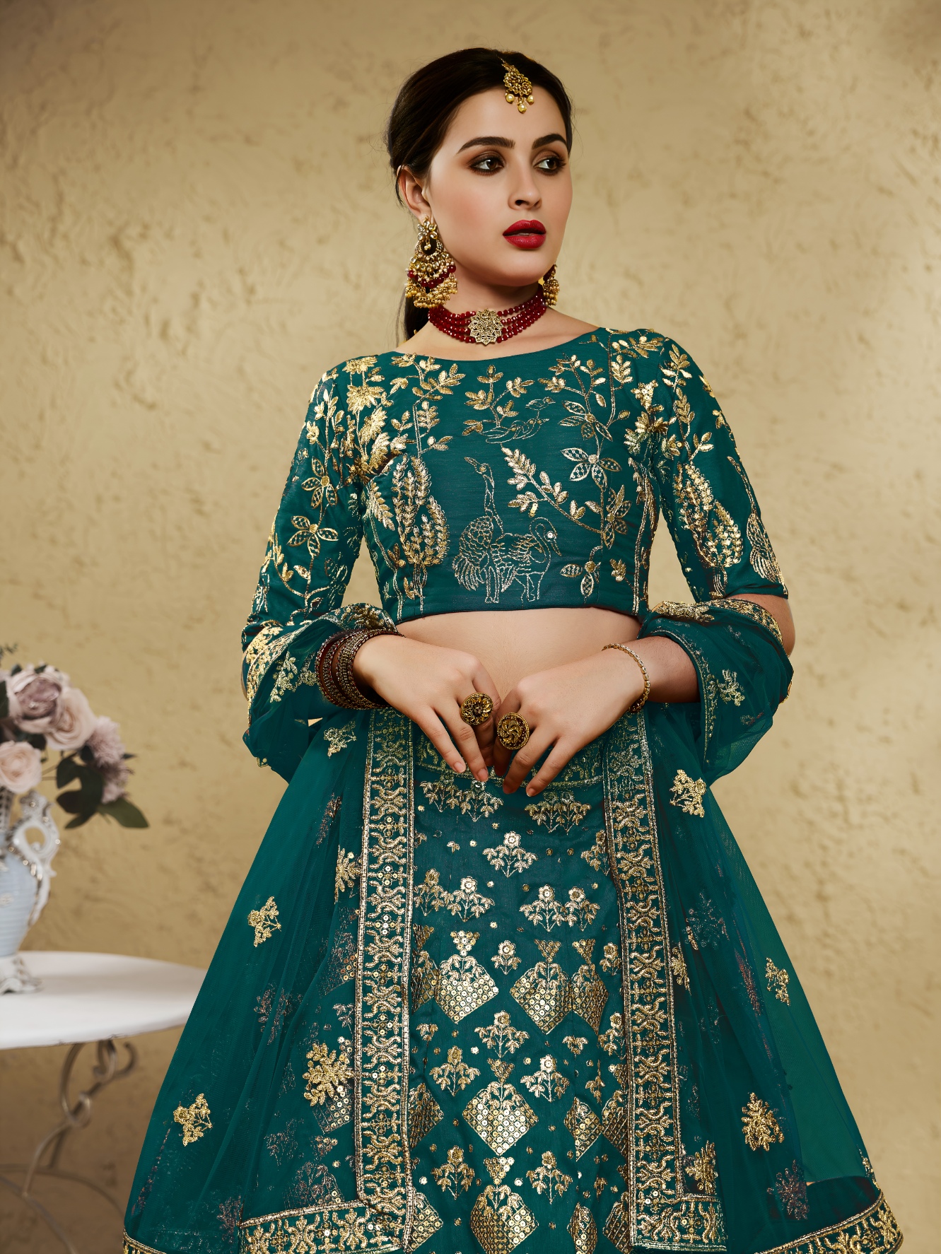 Green Floral Zari Art Silk Bridal Lehenga Choli