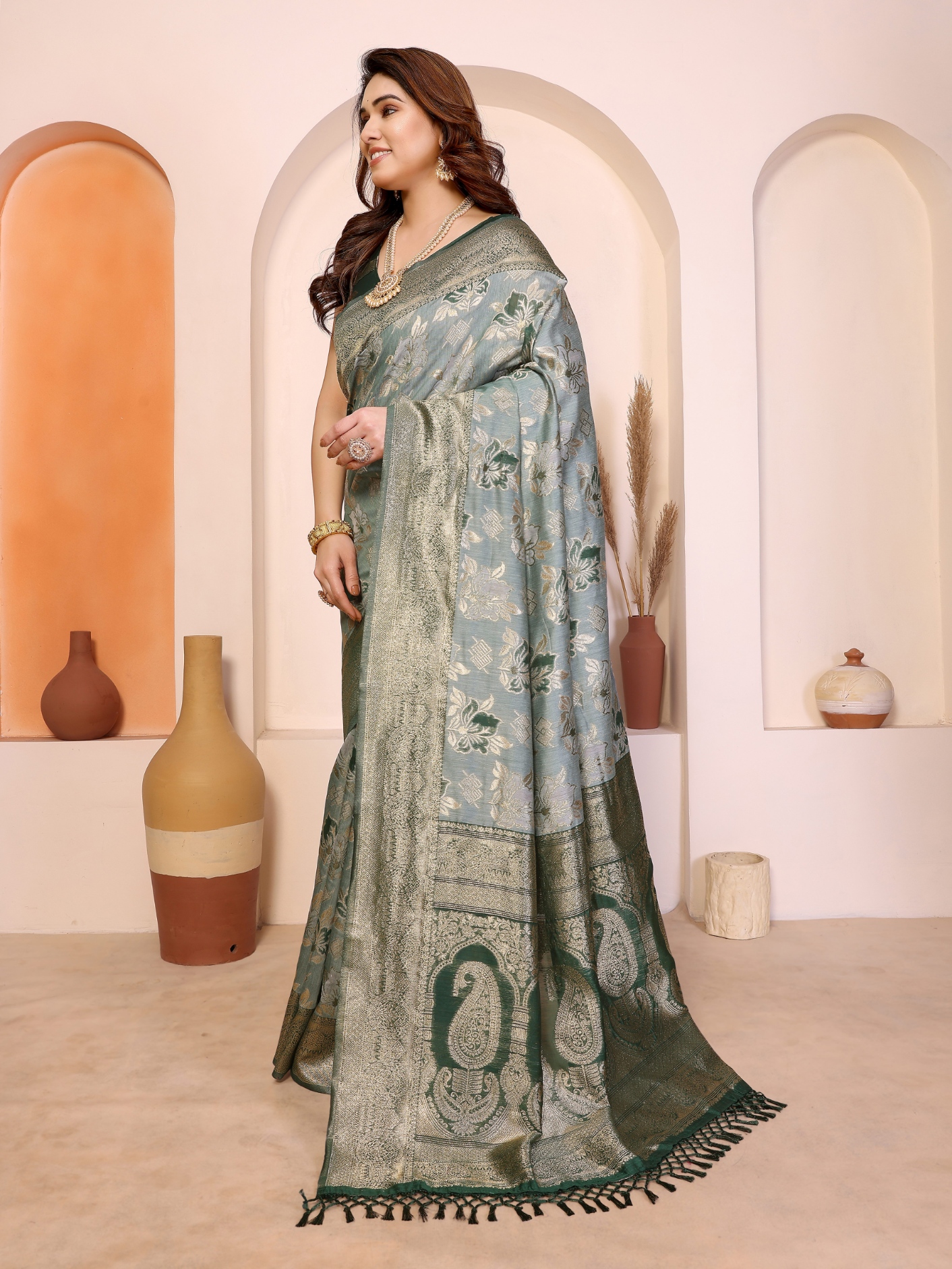 Green Floral Zari Pure Cotton Saree