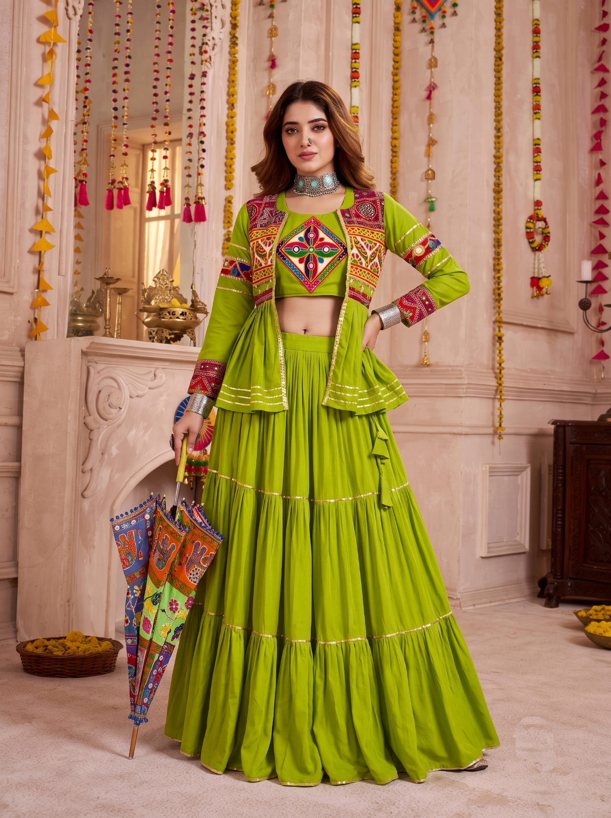Green Gamthi Mirror Pure Cotton Chaniya Choli