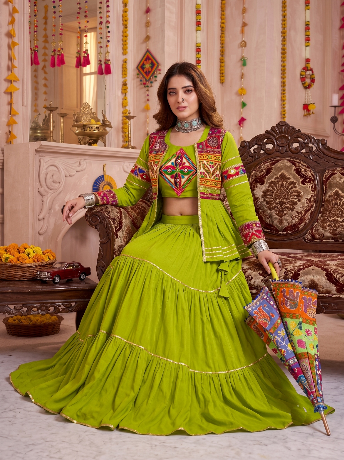 Green Gamthi Mirror Pure Cotton Chaniya Choli — alternate view