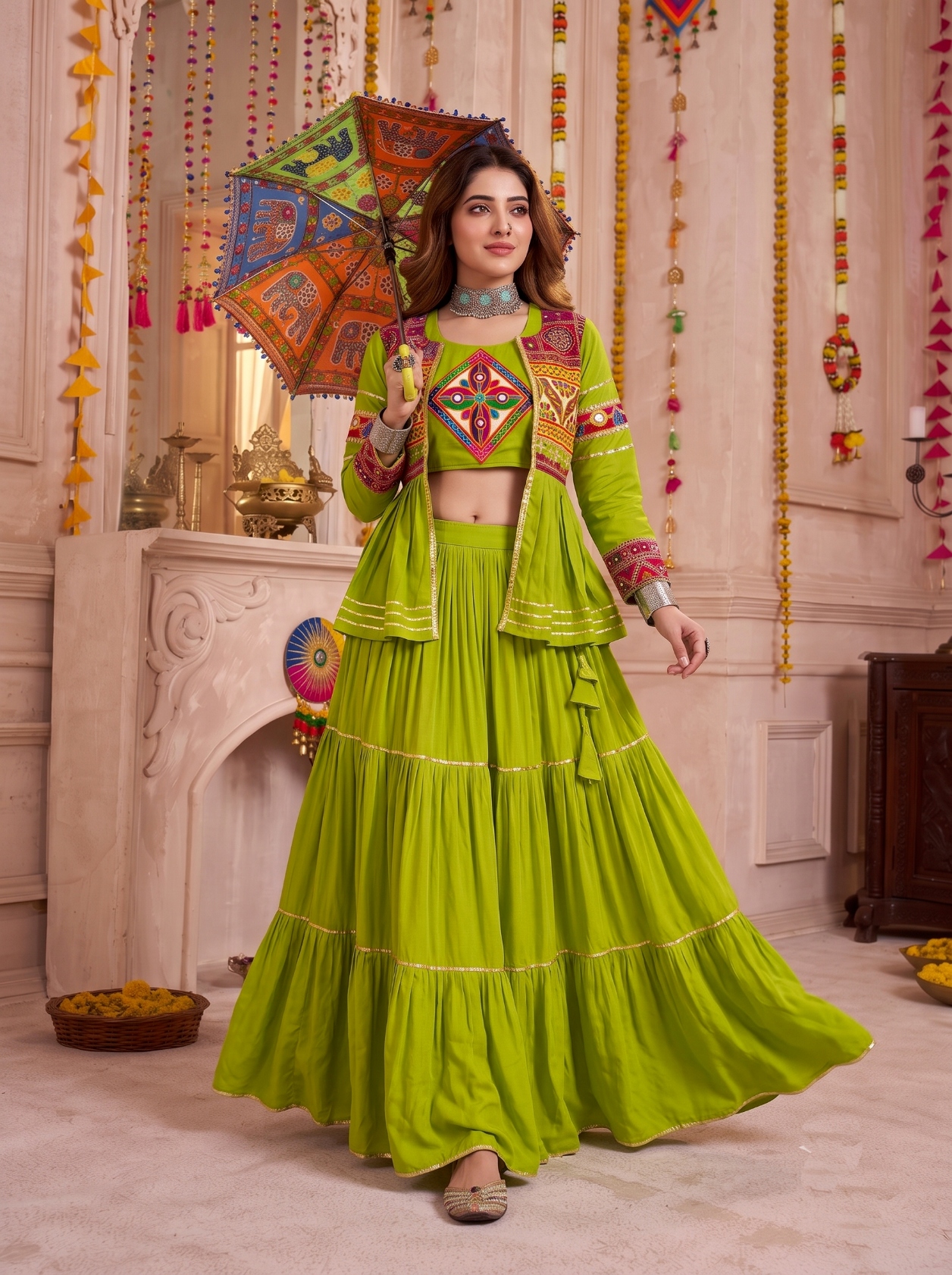 Green Gamthi Mirror Pure Cotton Chaniya Choli