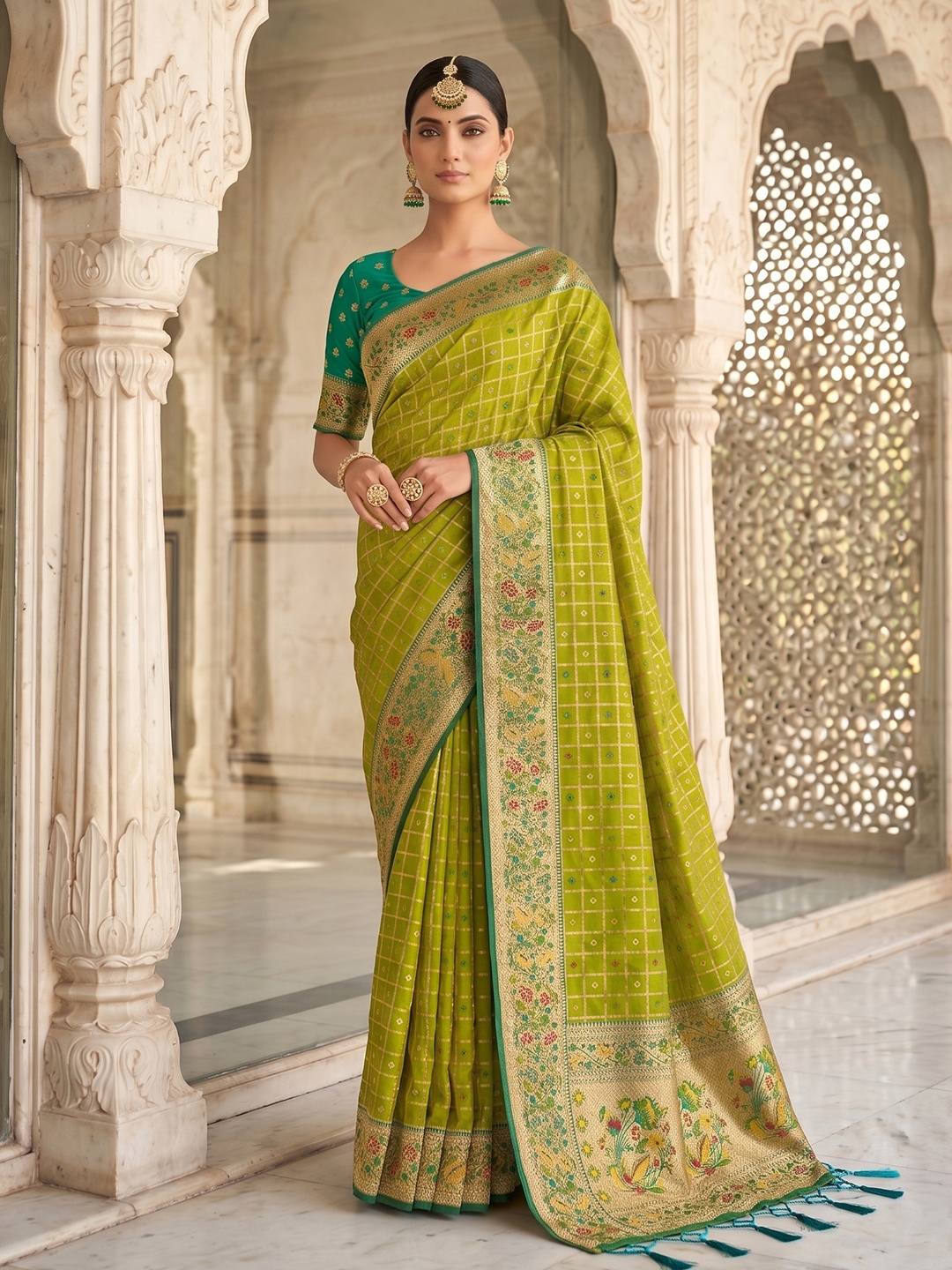 Green Geometric Banarasi Silk Saree