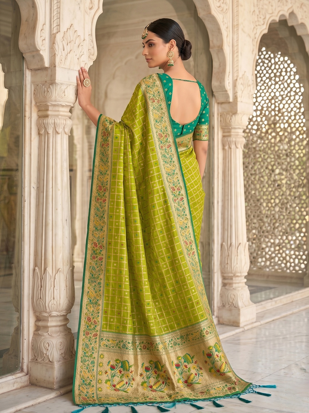 Green Geometric Banarasi Silk Saree — alternate view